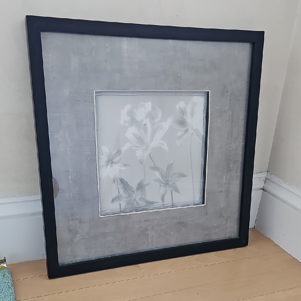 Framed Floral Lillies Art Print in Gray and Black